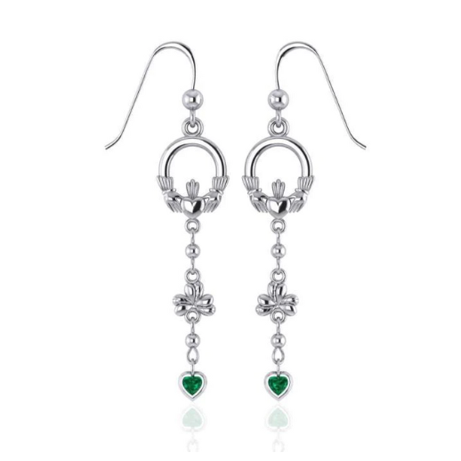 Celtic Claddagh Shamrock Emerald Glass Hearts Silver Earrings