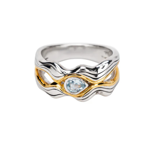 S/sil Rhodium + 10k Pear Shaped Blue Topaz Rocks 'n Rivers Ring