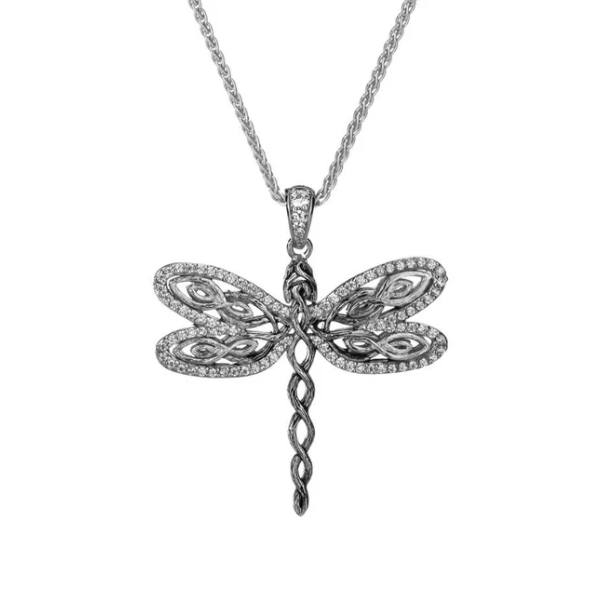 S/sil Rhodium White CZ Barked Dragonfly Pendant