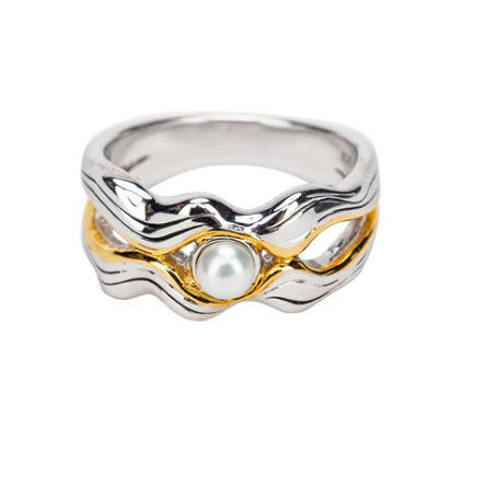 S/sil Rhodim + White Fresh Water Pearl Rocks 'n Rivers Ring