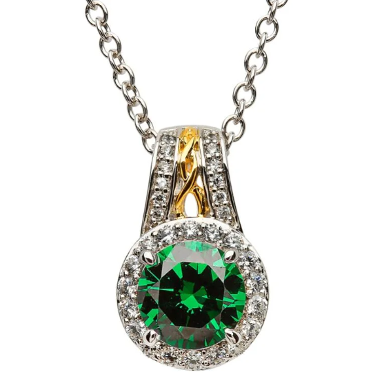 Shanore Sterling Silver Halo Green Cubic Zirconia Celtic Pendant