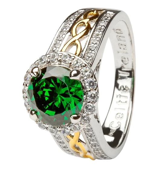 Sterling Silver Celtic Halo Ring With Green Cubic Zirconia