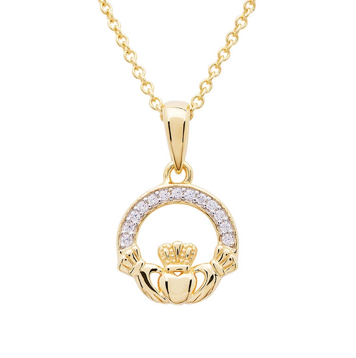14kt Gold Vermeil With Cubic Zirconia Claddagh Necklace - 18"