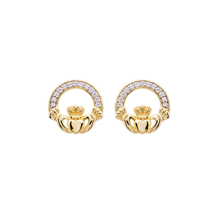 14KT Gold Vermeil CZ Claddagh Stud Earrings
