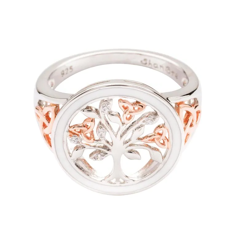 Sterling Silver Tree of Life White Enamel Ring