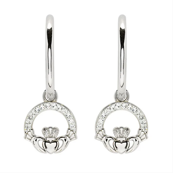Sterling Silver Crystal Claddagh Hoop Earrings