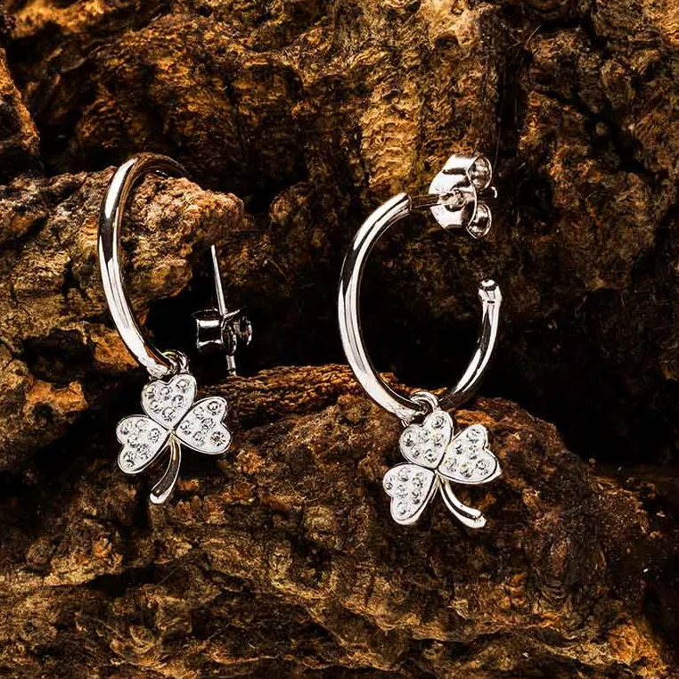 Sterling Silver Crystal Shamrock Hoop Earring