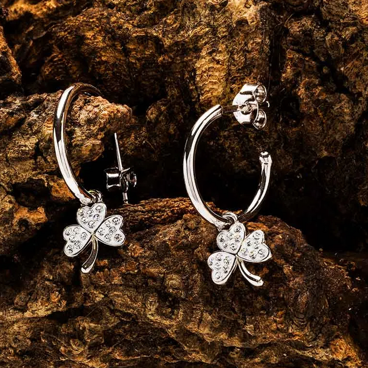 Sterling Silver Crystal Shamrock Hoop Earring