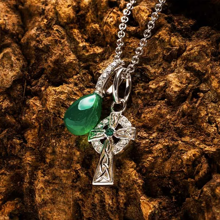 Sterling Silver Crystal and Green Agate Cross
