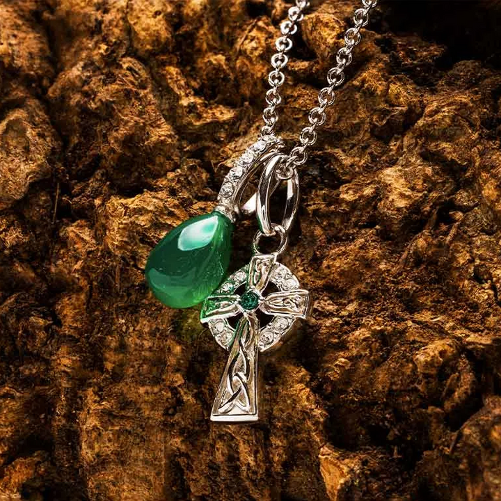 Sterling Silver Crystal and Green Agate Cross