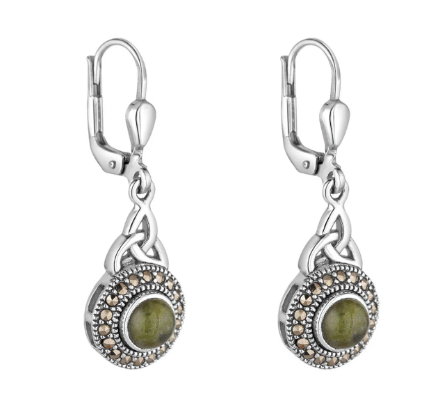 Sterling Silver Round Connemara Marble Earrings w/ CZ