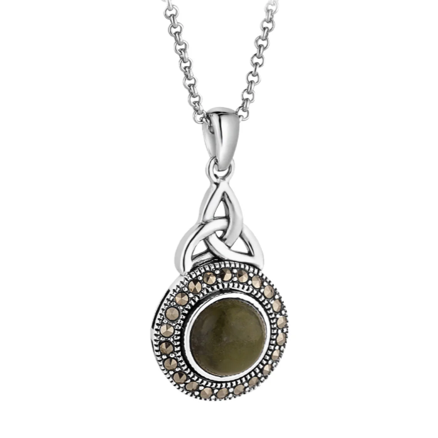 Sterling Silver and Connemara Marble Pendant with CZ and Trinity Symbol