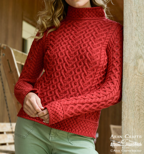 Cable Knit Sweater Red Twist Sweater High Neck Heart Cable Sweater