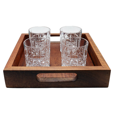 Mahogany, Whiskey Tray w/ 4 Crystal Glasses