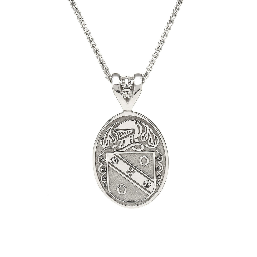 large oval shield pendant with coat of arms