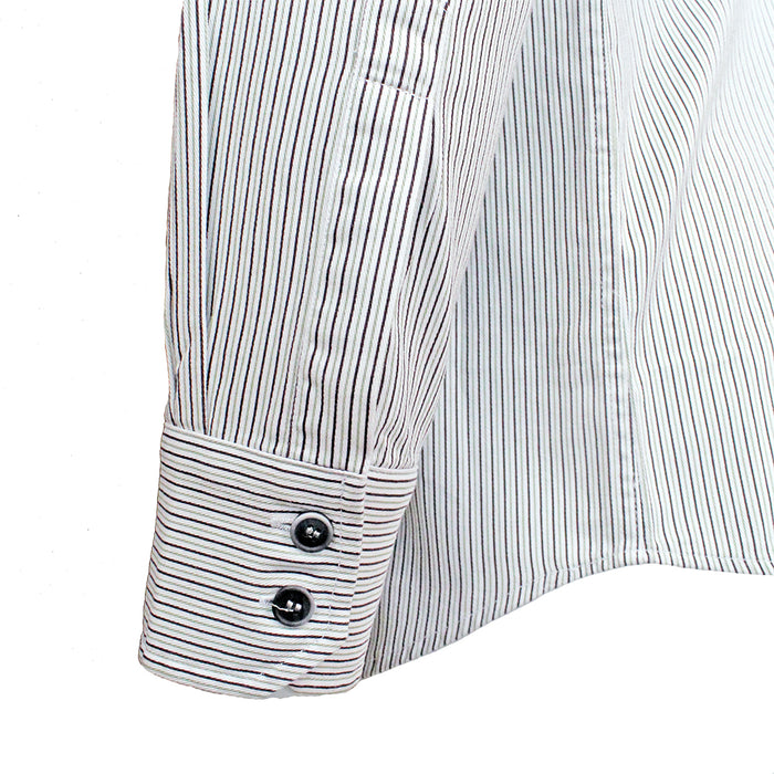 close up of buttons and sleeve of black and white stripe grandfather shirt by celtic ranchwear