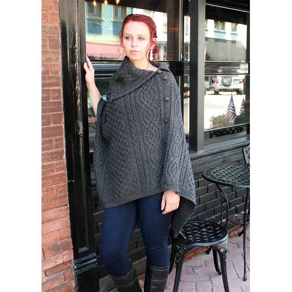 Cowl Neck Button Wool Poncho Made In Ireland