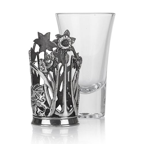 pewter shot glass holder and glass by a e williams