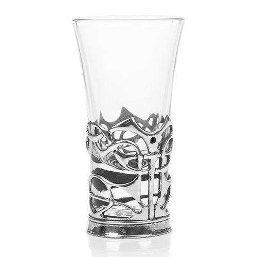 pewter shot glass holder and glass by a e williams
