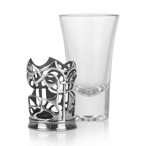 pewter shot glass holder and glass by a e williams