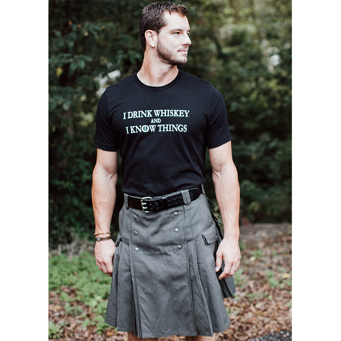 model of  i drink whiskey and i know things shirt for men