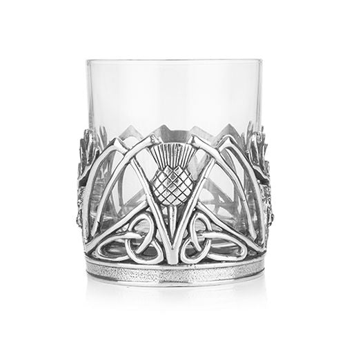 back of stag and thistle whiskey glass tumbler by a e williams