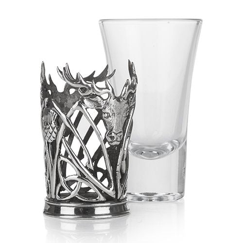 pewter shot glass holder and glass by a e williams