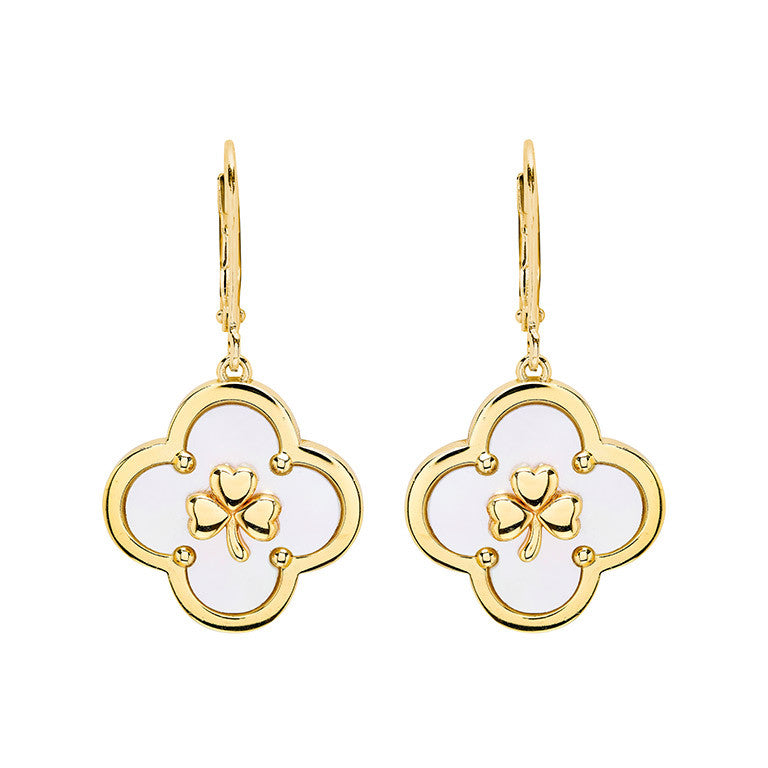 14kt Gold Vermeil Clover Shamrock MOP Drop Earrings