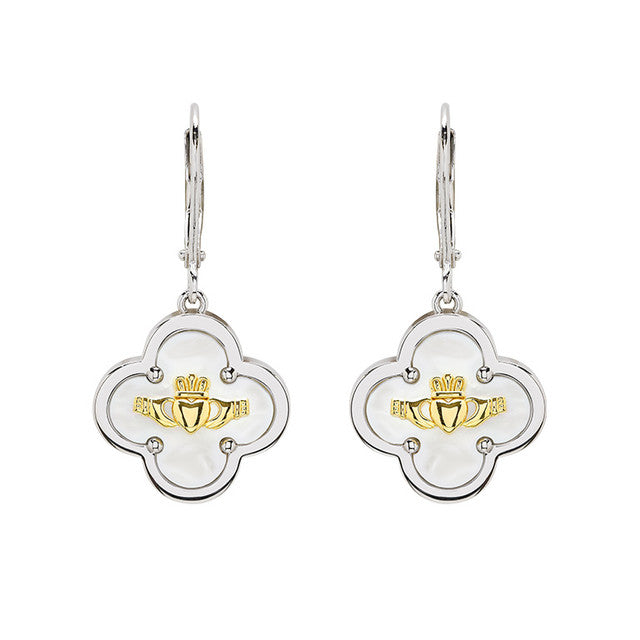 Sterling Silver Clover Claddagh MOP Drop Earrings