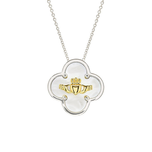 Sterling Silver Clover Claddagh MOP Necklace