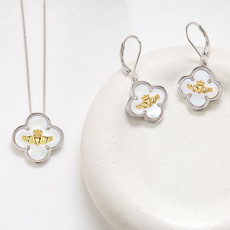 Sterling Silver Clover Claddagh MOP Drop Earrings