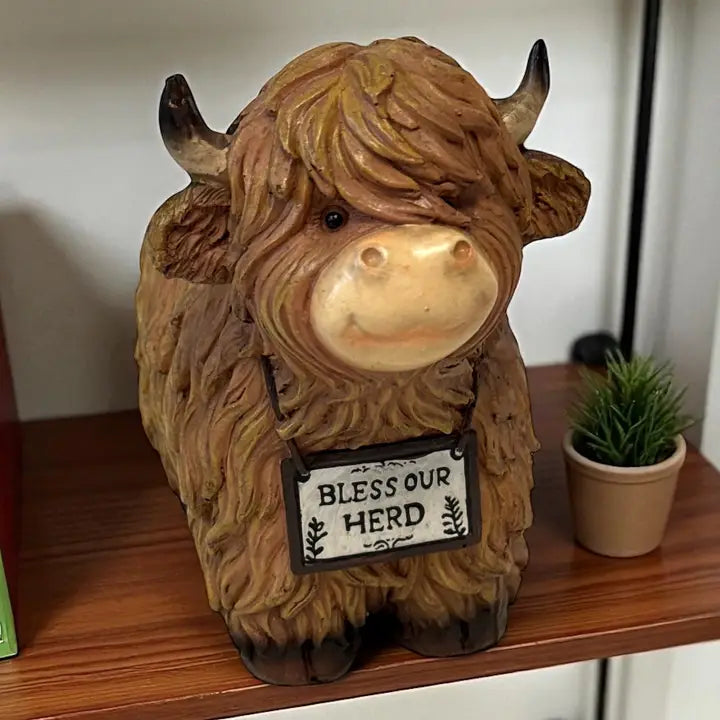 Highland Cow “Bless Our Herd” Highland Cow Figurine – Rustic