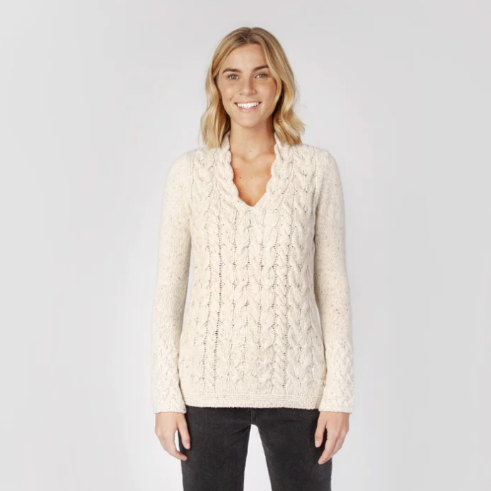 Wool Cashmere V-Neck Cable Pullover Sweater