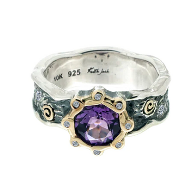 Sterling Silver and 10k Yellow Gold Amethyst & CZ Rocks 'n Rivers Ring