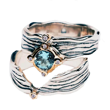 Sterling Silver and 10k Yellow Gold Sky Blue Topaz & CZ Rocks 'n Rivers Ring