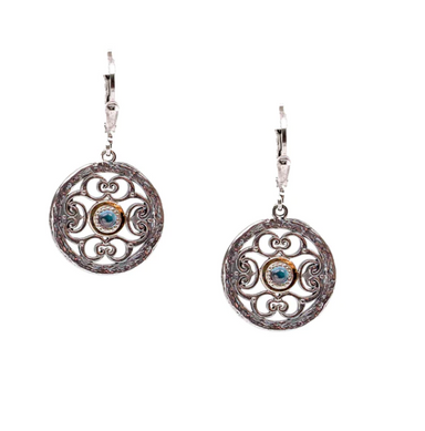 Sterling Silver and 1ok Yellow Gold Sky Blue Topaz Filigree Whirlpool Leverback Earrings