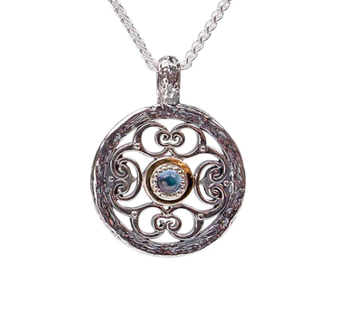 Sterling Silver and 10k Yellow Gold Sky Blue Topaz Filigree Whirlpool Pendant