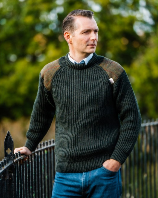 Raglan Sleeve Crew Neck Wool Jumper with Harris Tweed®