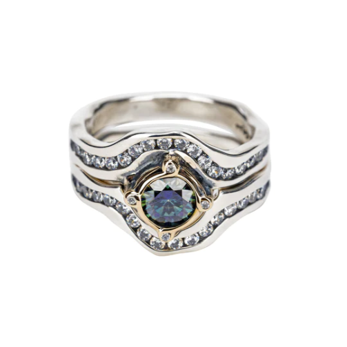 S/sil Oxidized + 10k Mystic Blue Moissanite & CZ Rocks 'n Rivers Ring