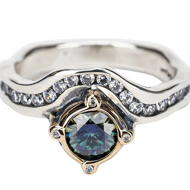 S/sil Oxidized + 10k Mystic Blue Moissanite & CZ Rocks 'n Rivers Ring