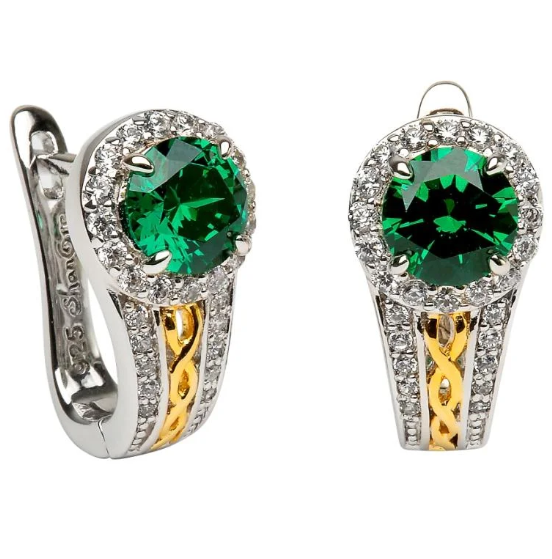 Sterling Silver Round Halo Green/CZ Earrings