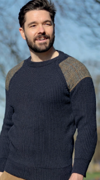 Men’s Army Sweater with Harris Tweed Shoulder Patches-Bruar
