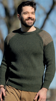 Men’s Army Sweater with Harris Tweed Shoulder Patches-Bruar