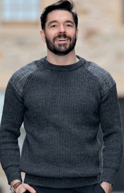 Men’s Army Sweater with Harris Tweed Shoulder Patches-Bruar