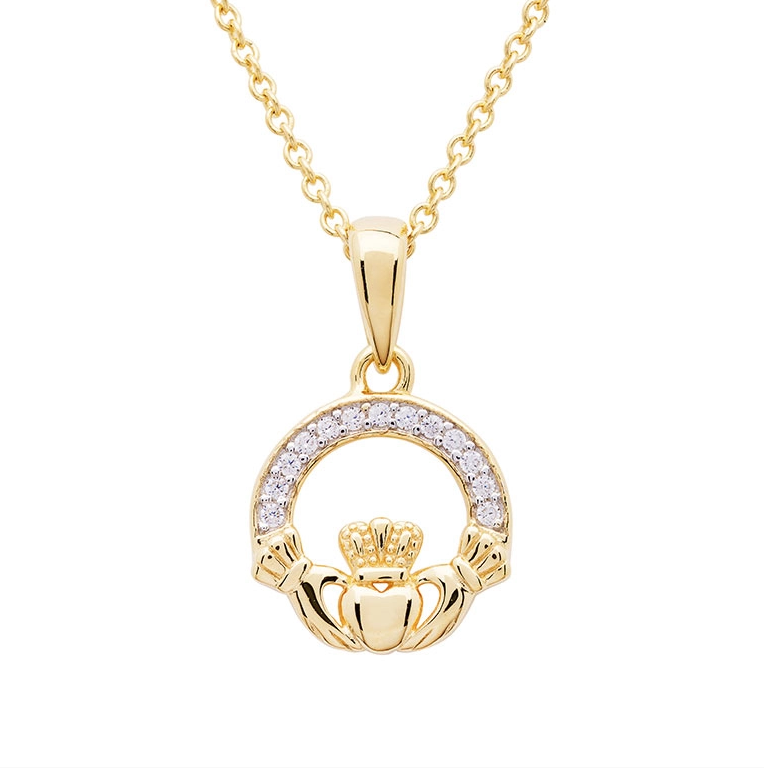 14KT Gold Vermeil CZ Claddagh Necklace