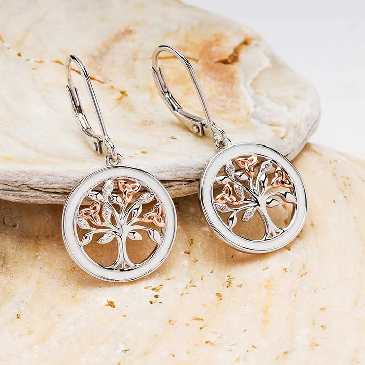 Sterling Silver White Enamel Tree of Life Drop Earrings