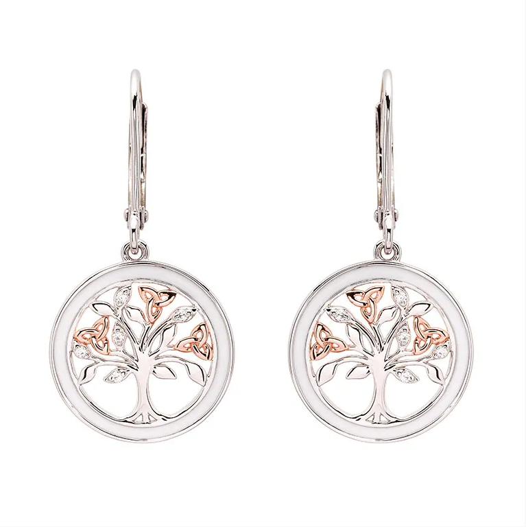 Sterling Silver White Enamel Tree of Life Drop Earrings