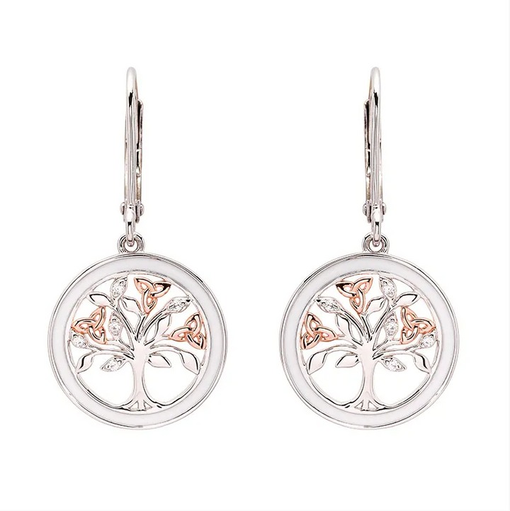 Sterling Silver White Enamel Tree of Life Drop Earrings