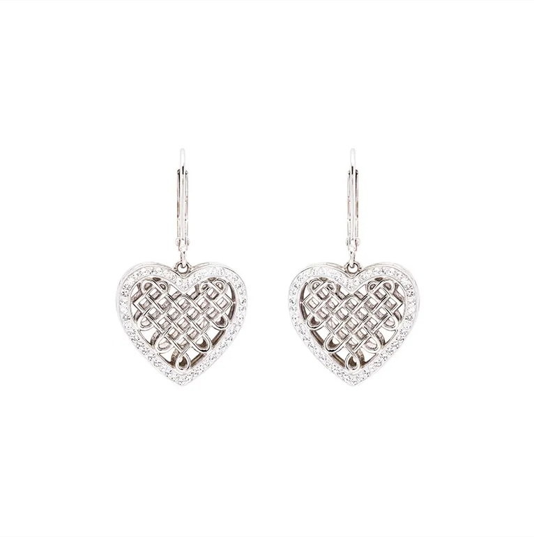 Sterling Silver white crystals Celtic Heart Earrings