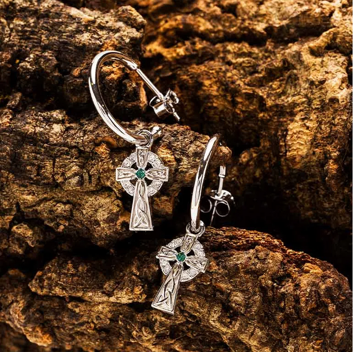 Sterling Silver Crystal Cross Hoop Earrings